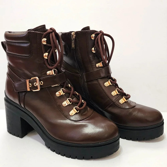 Guess Women's  Brown Platform Faux Leather Lace-Up Zip-Up Combat Boots, sz 9.5 - Picture 1 of 16